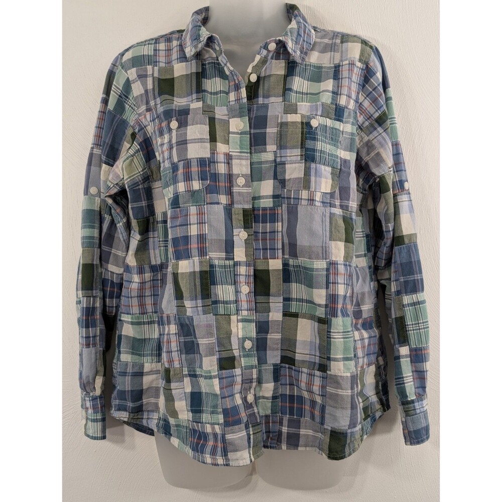 LL Bean Medium Madras Print Button Up Long Sleeve Patchwork Pattern Closet Pick - Picture 2 of 8